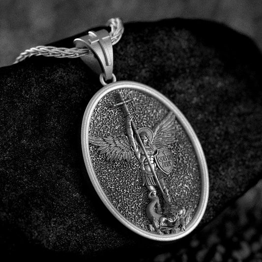 Close-up of 925 sterling silver Saint Michael Archangel pendant necklace