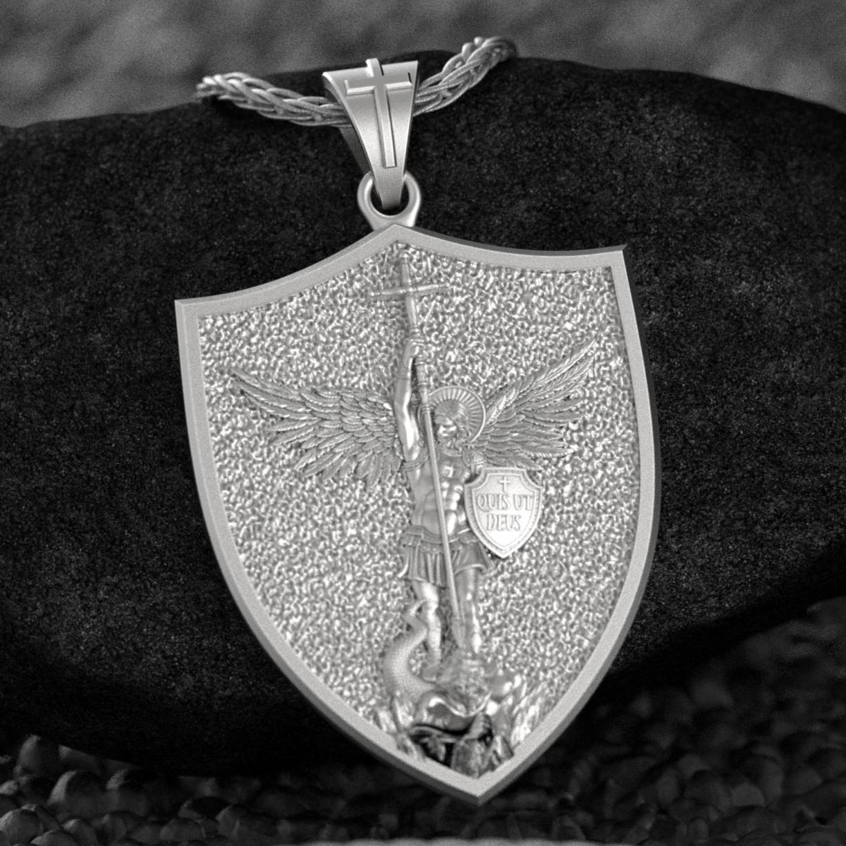 Rhodium plated Saint Michael Archangel shield pendant with chain