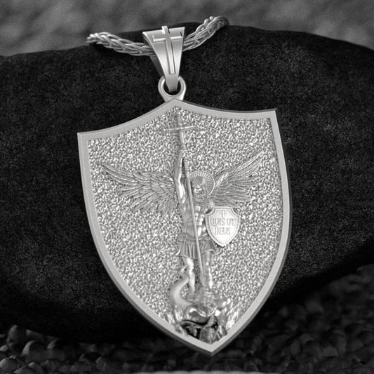 Rhodium plated Saint Michael Archangel shield pendant with chain