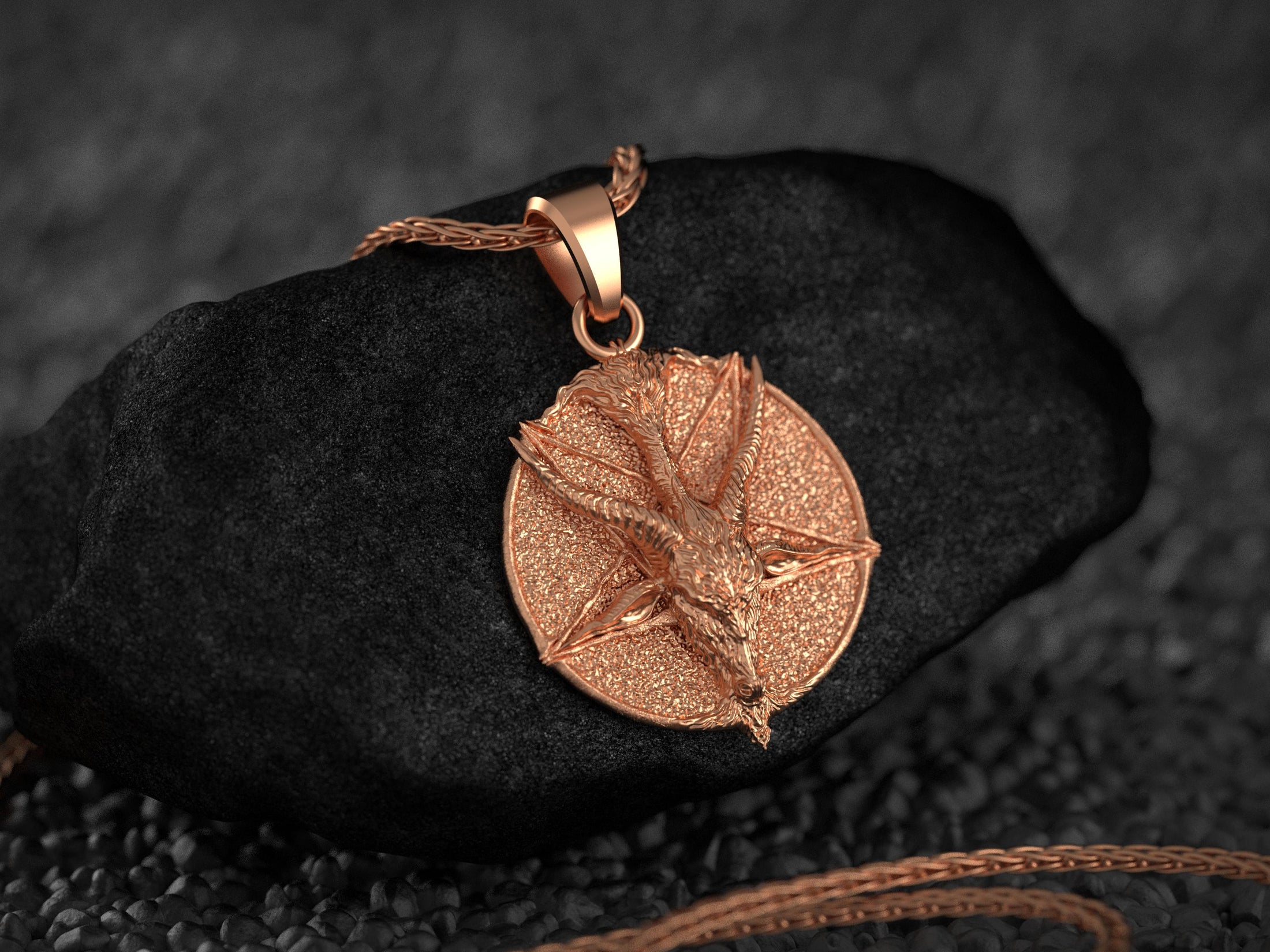 Occult pentagram pendant in rose gold plated style.