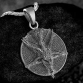 Gothic goat head pendant with pentagram background design.
