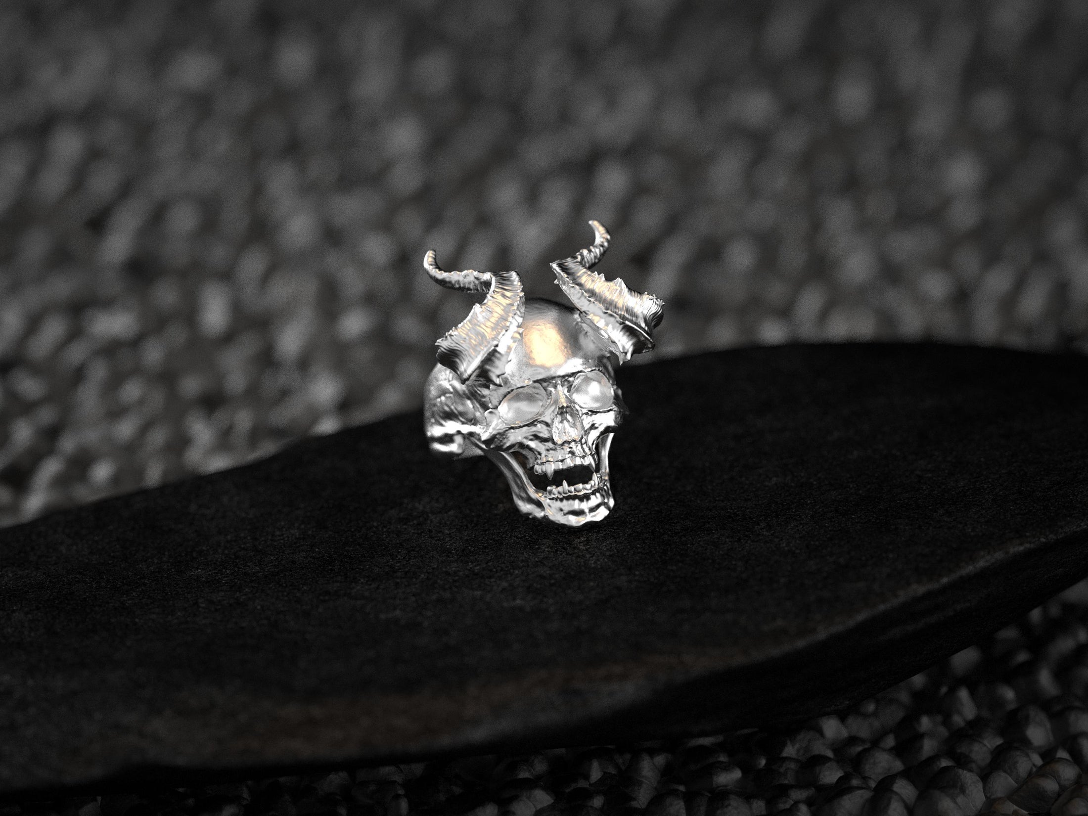 Demon Skull Ring with Horns – Gothic Devil Head Jewelry, Dark Fantasy Biker Ring, Occult Skull Band