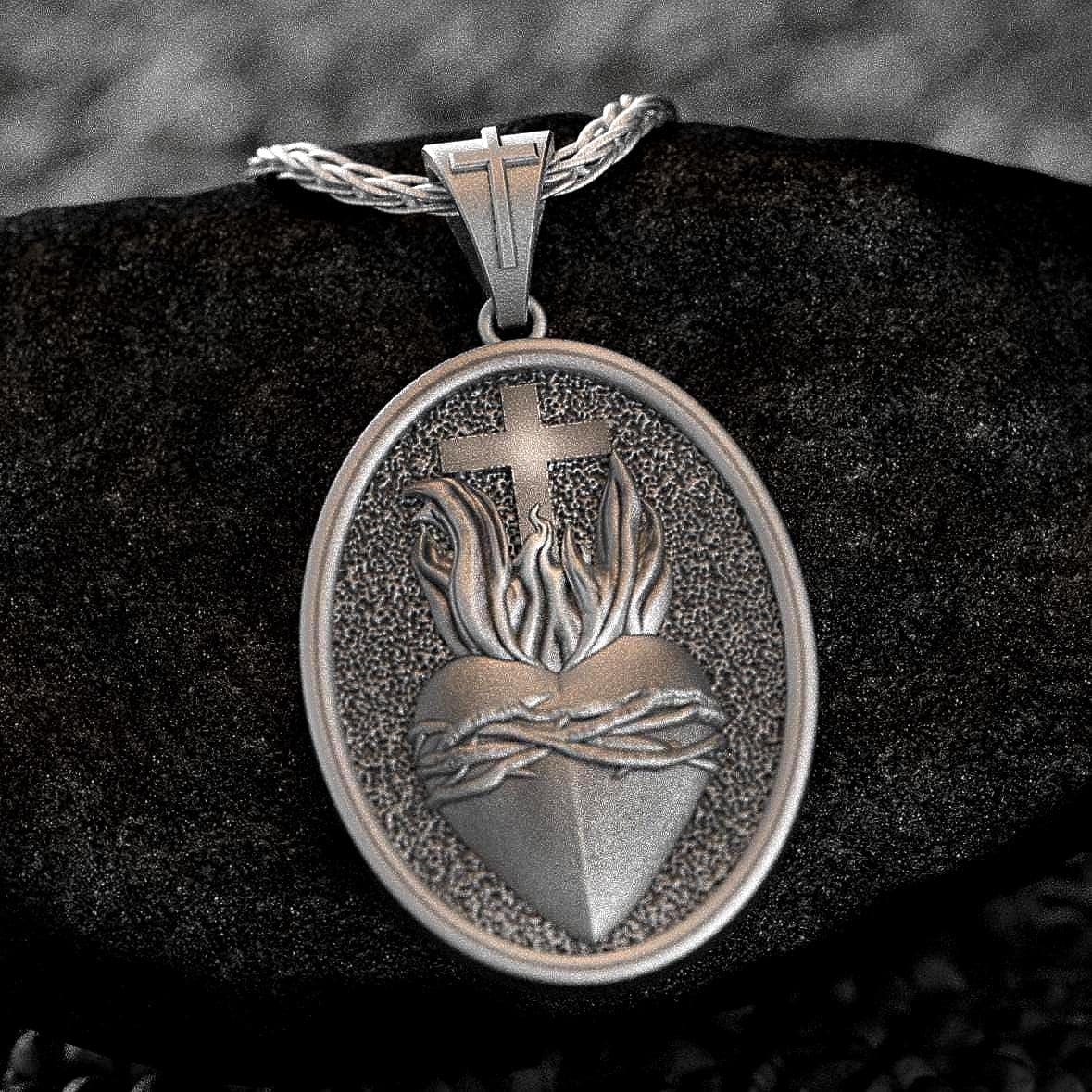 Close-up of 925 sterling silver Sacred Heart of Jesus pendant necklace