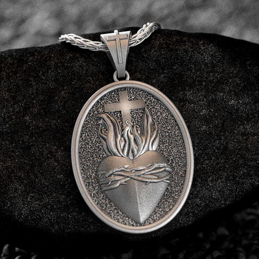 Close-up of 925 sterling silver Sacred Heart of Jesus pendant necklace