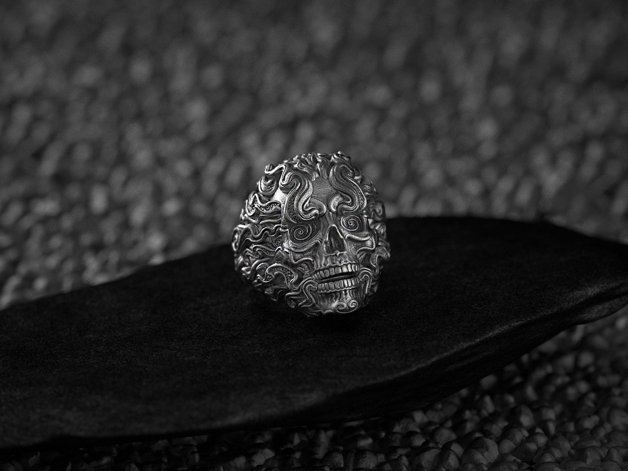 Smoke Skull Ring – Gothic Biker Jewelry, Sterling Silver Skull Band, Dark Smoke Flames Ring, Punk Rock Statement Ring