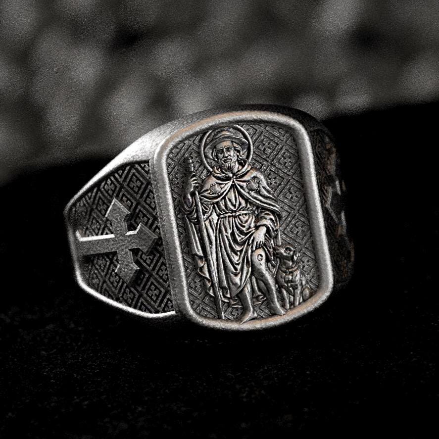 Saint Roch Ring – Sterling Silver Patron Saint of Plague Protection Signet Ring