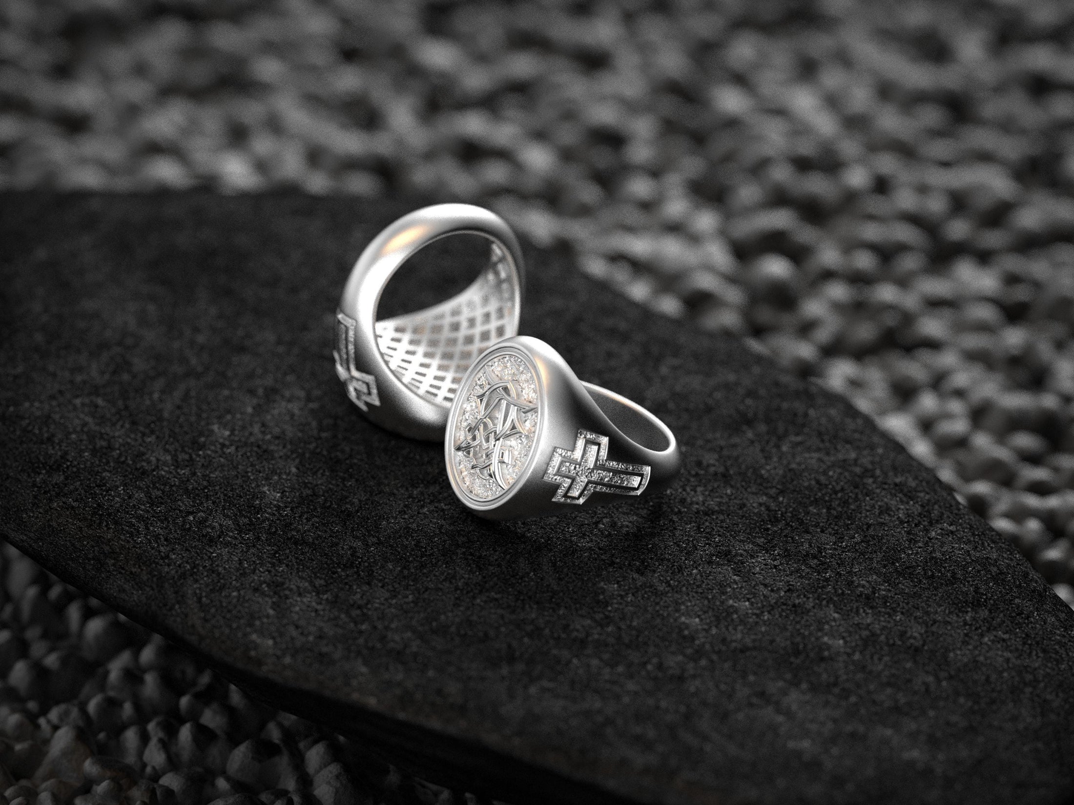Christian Monogram Ring – Sterling Silver Cross Engraved Signet Ring Symbolic Jewelry