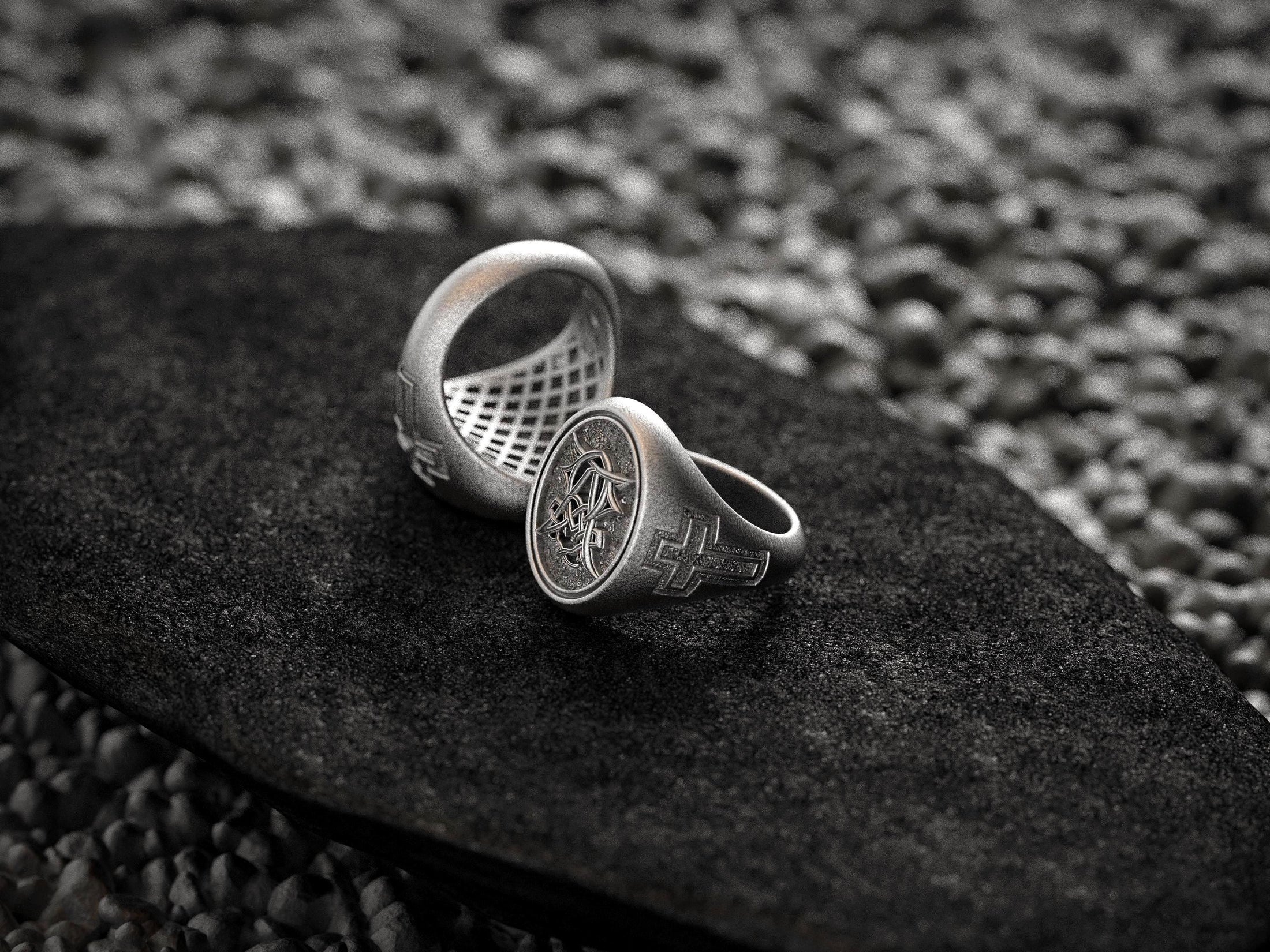 Christian Monogram Ring – Sterling Silver Cross Engraved Signet Ring Symbolic Jewelry