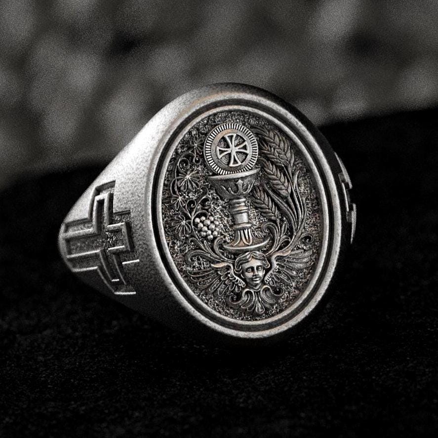 Holy Eucharist Ring – Sterling Silver Chalice and Host Christian Signet Ring