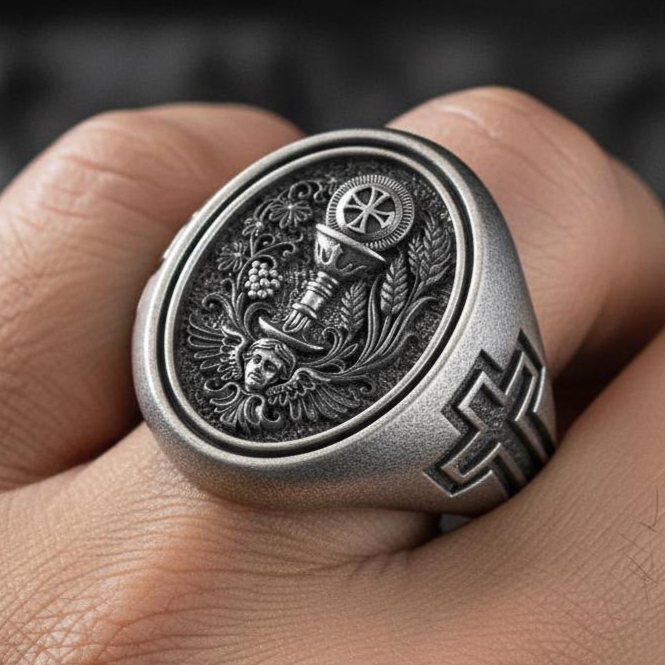 Holy Eucharist Ring – Sterling Silver Chalice and Host Christian Signet Ring