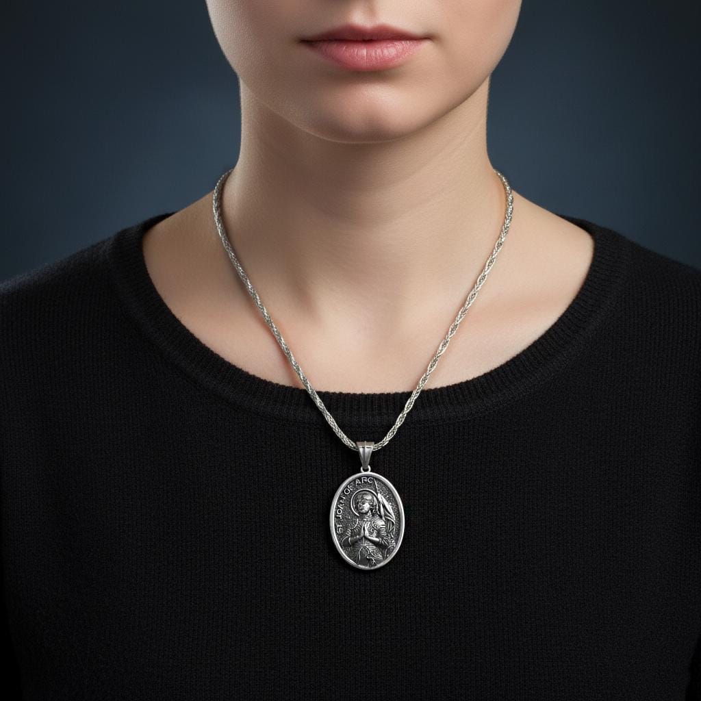 Personalized Saint Joan of Arc Pendant – Sterling Silver Catholic Medal Necklace Devotional Jewelry