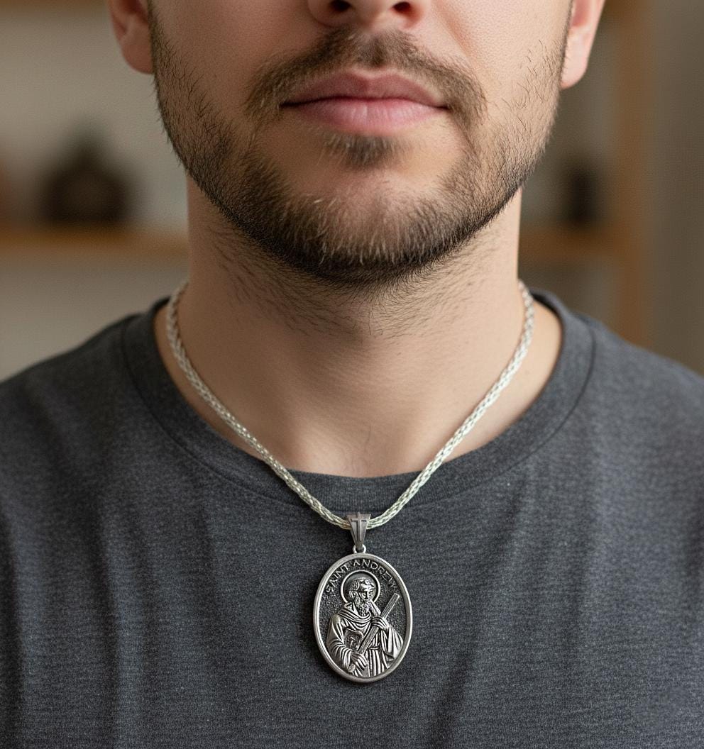 Saint Andrew Pendant – Sterling Silver Catholic Medal Necklace Apostle Devotional Jewelry