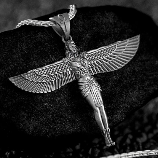 Detailed Isis winged goddess pendant with outstretched wings.