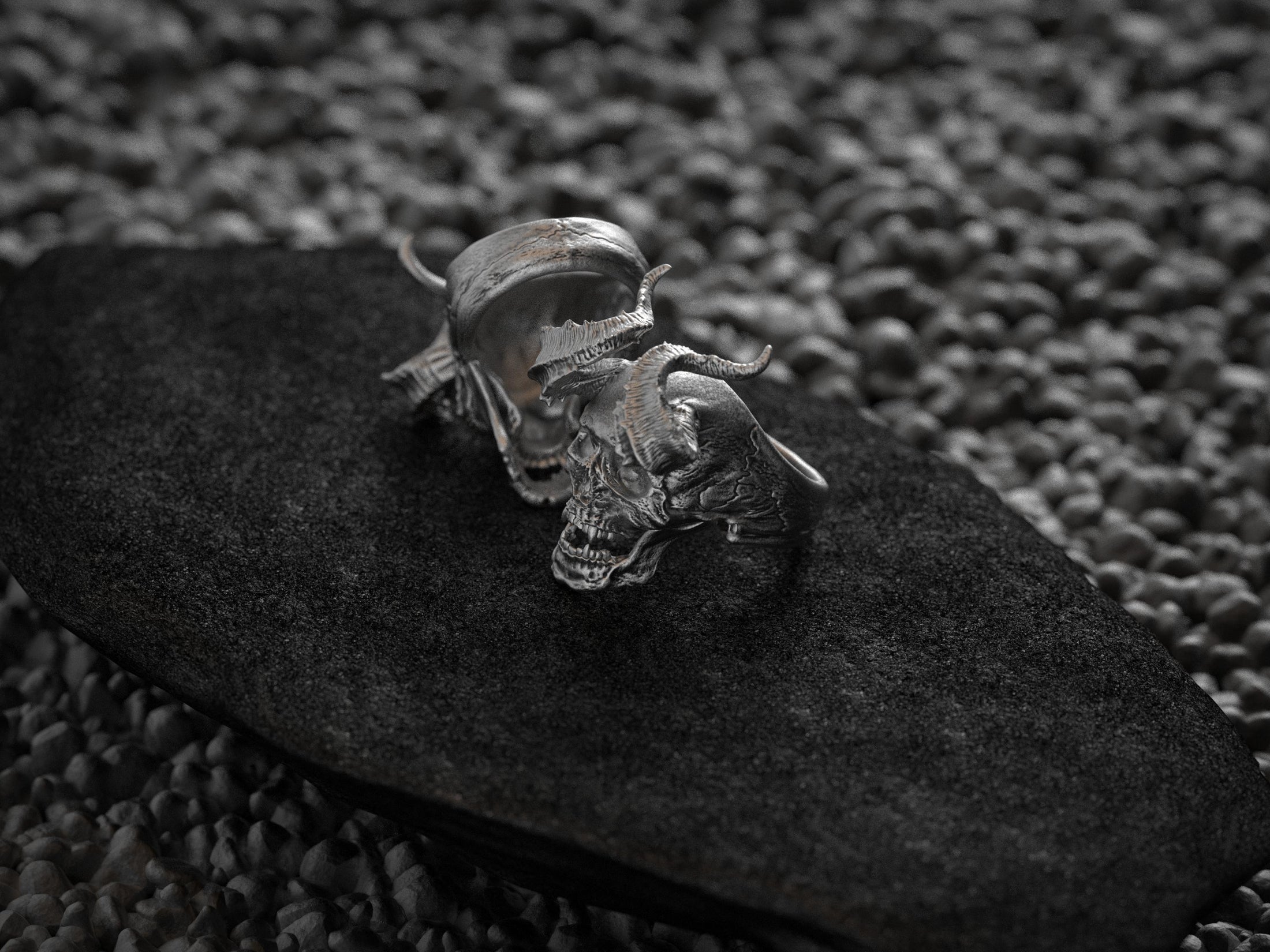Demon Skull Ring with Horns – Gothic Devil Head Jewelry, Dark Fantasy Biker Ring, Occult Skull Band