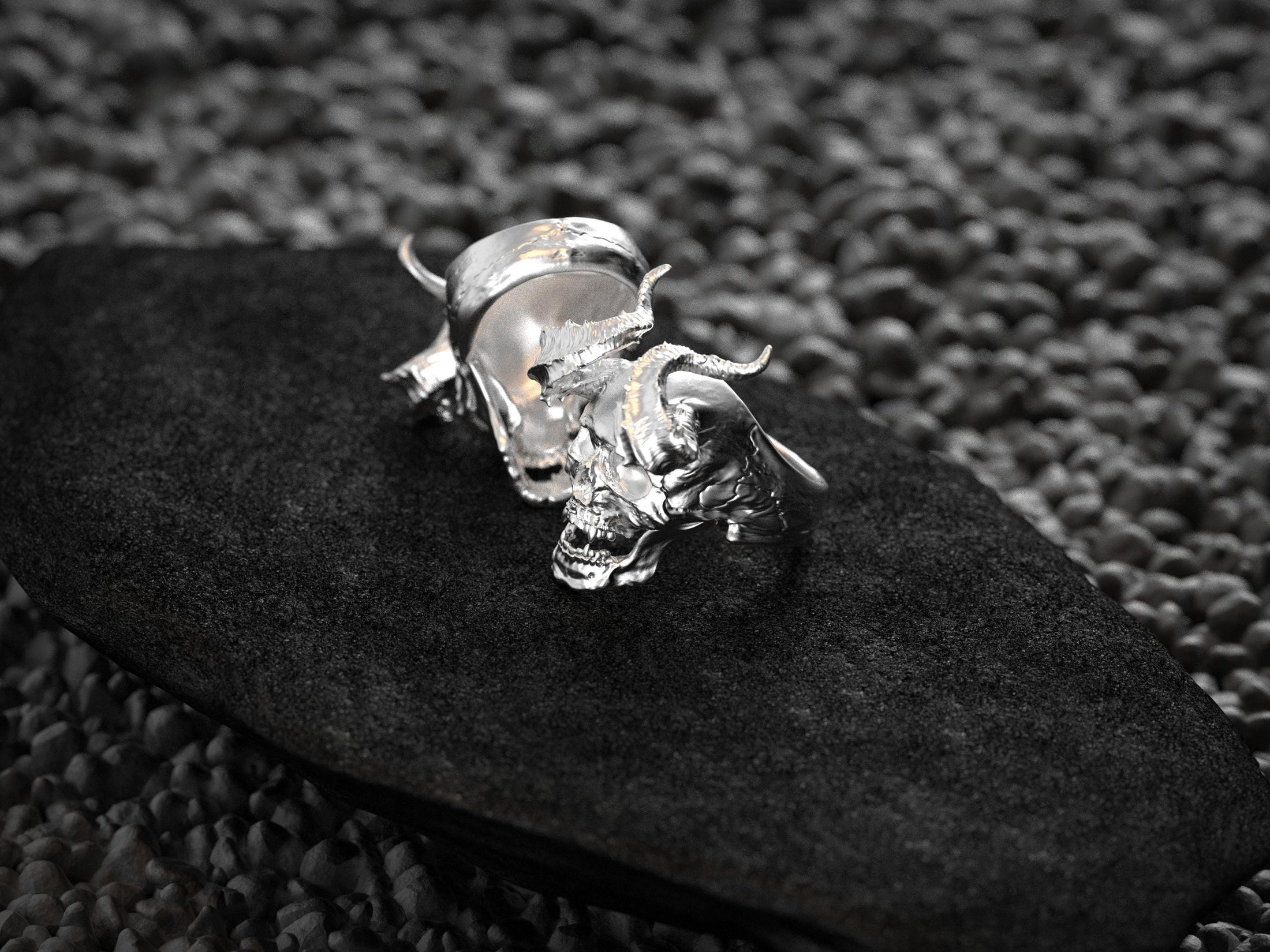 Demon Skull Ring with Horns – Gothic Devil Head Jewelry, Dark Fantasy Biker Ring, Occult Skull Band