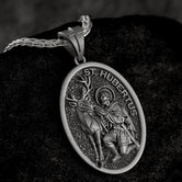Personalized Saint Hubertus Pendant – Sterling Silver Patron Saint of Hunters Catholic Medal Necklace
