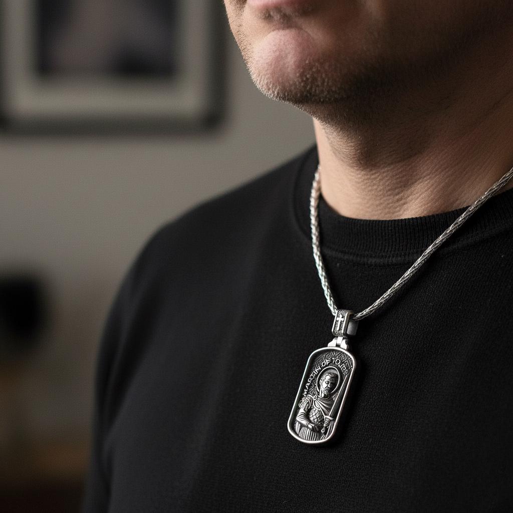 Saint Martin of Tours Dog Tag Pendant – Sterling Silver Catholic Medal Necklace Patron Saint Soldiers