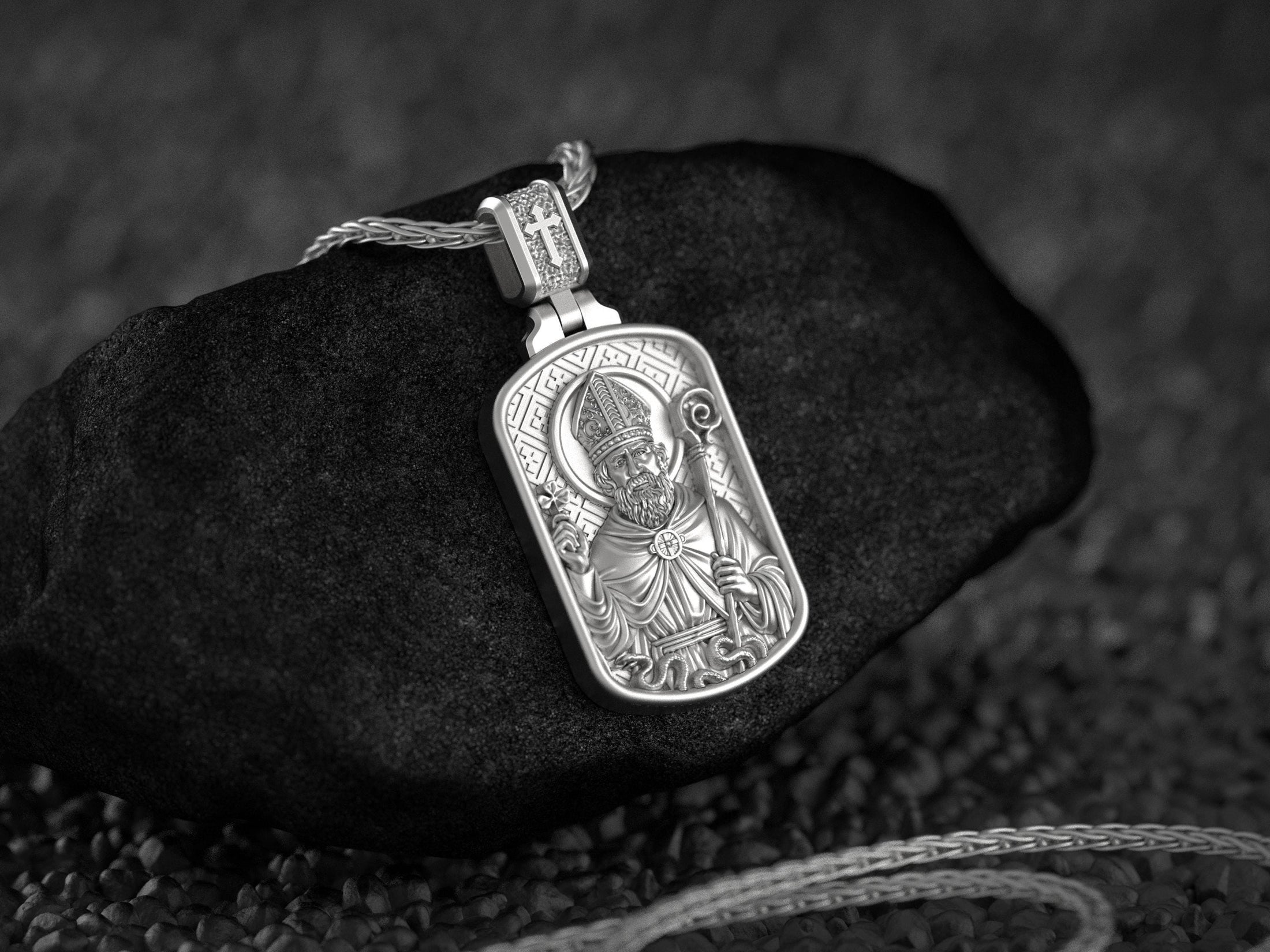 Saint Patrick Dog Tag Pendant – Sterling Silver Catholic Medal Necklace Patron Saint of Ireland