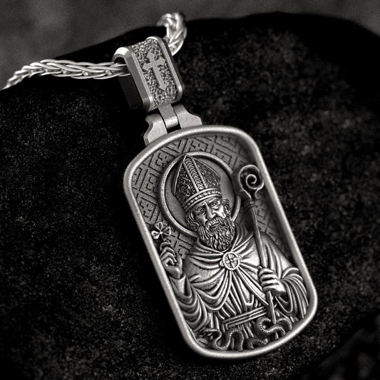Saint Patrick Dog Tag Pendant – Sterling Silver Catholic Medal Necklace Patron Saint of Ireland
