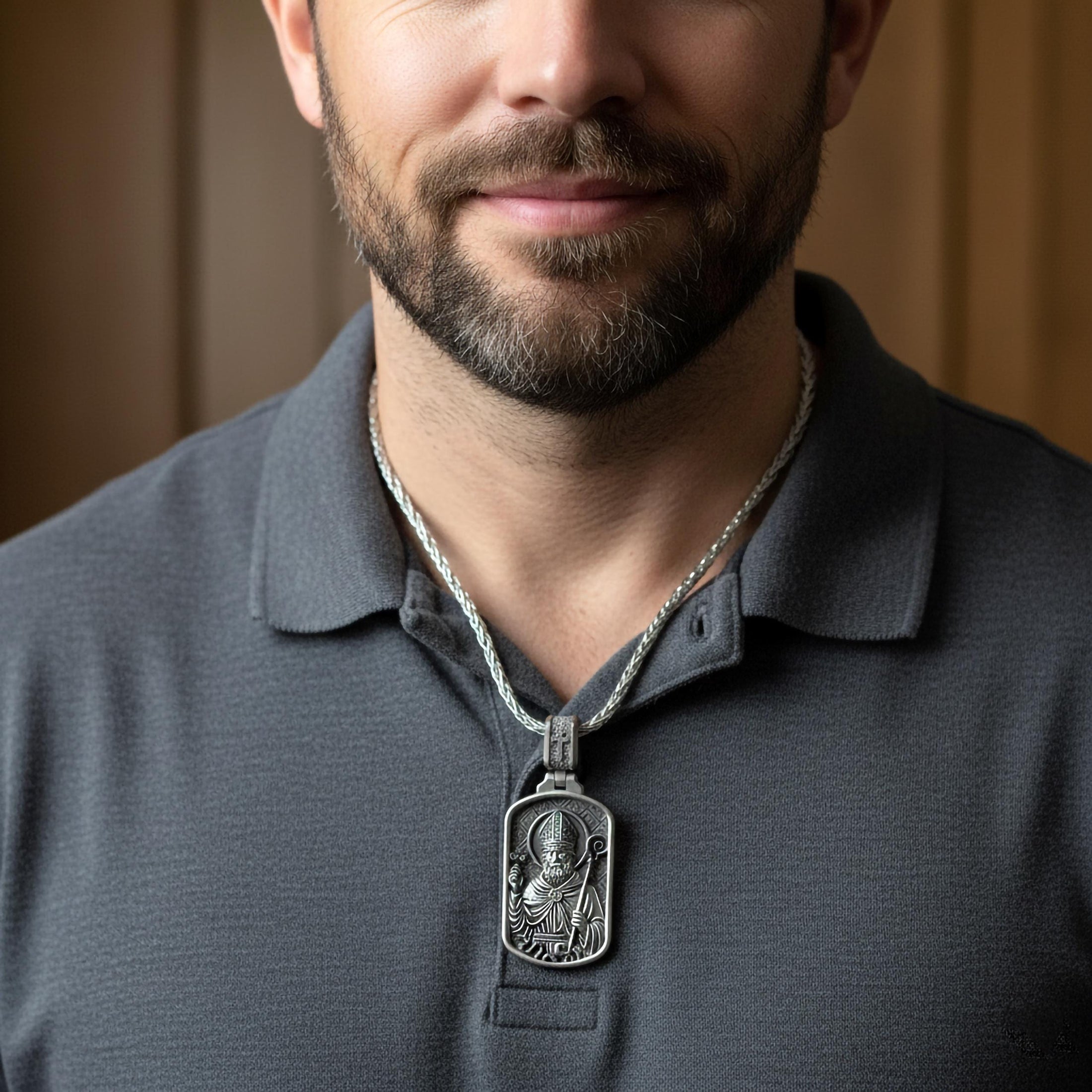 Saint Patrick Dog Tag Pendant – Sterling Silver Catholic Medal Necklace Patron Saint of Ireland