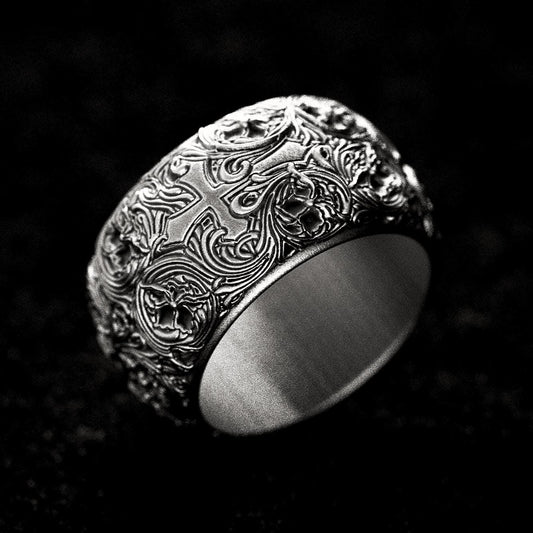 Gothic Cross Ring – Sterling Silver Medieval Christian Band, Ornate Religious Symbolic Jewelry for Men