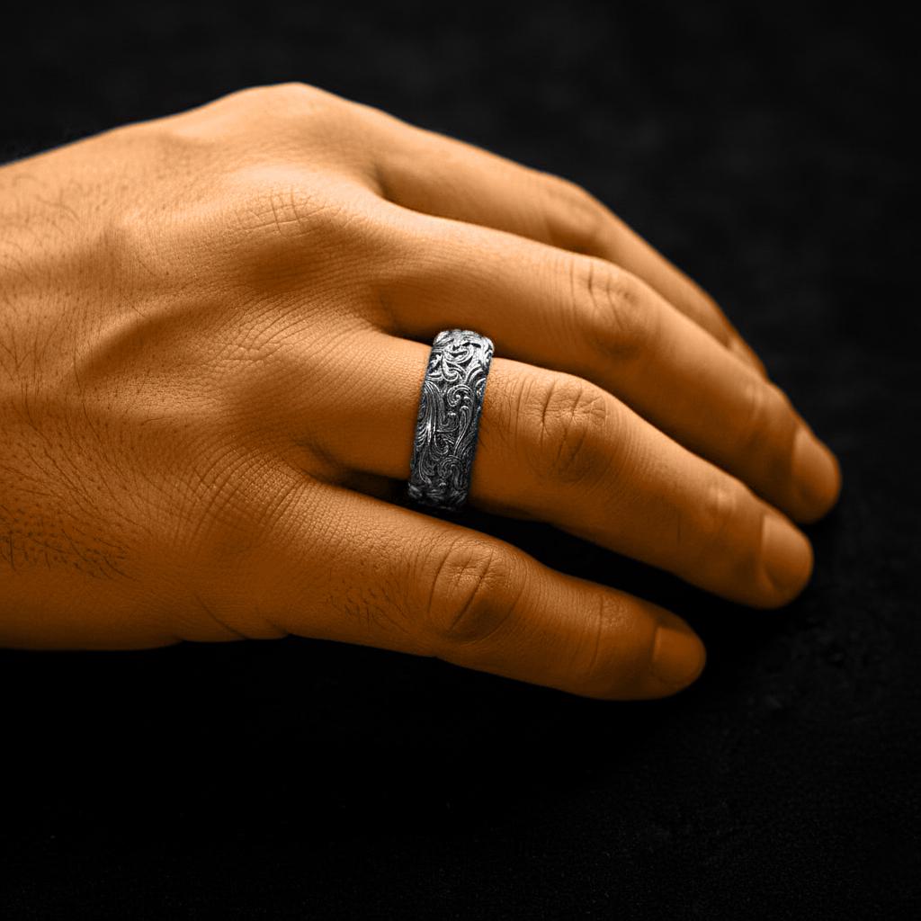 Engraved Sterling Silver Band Ring – Ornamental Scroll Pattern Statement Jewelry