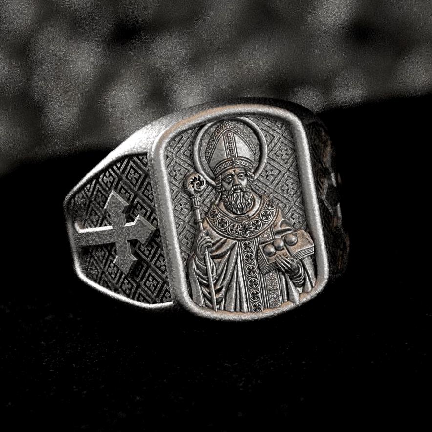 Saint Nicholas Ring – Sterling Silver Orthodox Bishop Signet Ring Christian Jewelry