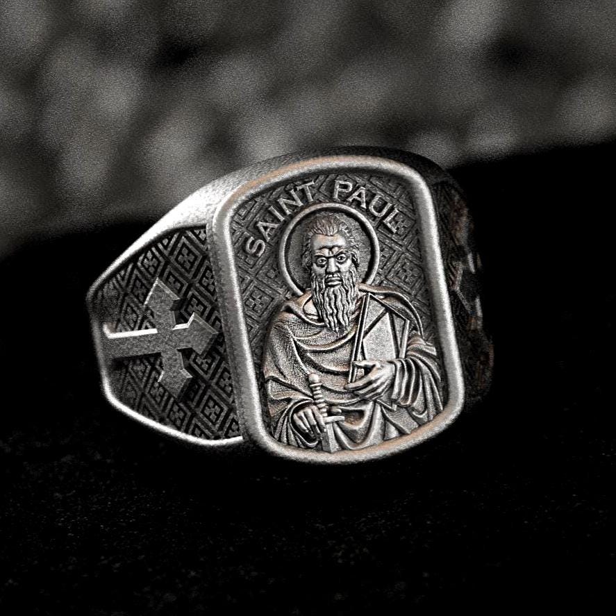 Saint Paul Apostle Ring – Sterling Silver Christian Signet Ring with Sword and Bible