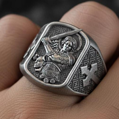 Saint Michael Ring – Sterling Silver Archangel Defeating Satan Christian Signet Ring