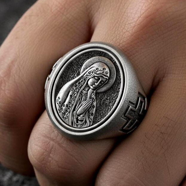 Virgin Mary Ring – Sterling Silver Our Lady of Guadalupe Signet Ring Catholic Jewelry - Angelios Jewelry
