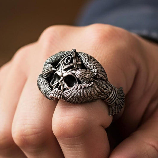 Silver Masonic Skull Ring with Eagles - Freemason Symbolic Jewelry, Bold Skull and Eagle Band, Unique Men's Ring