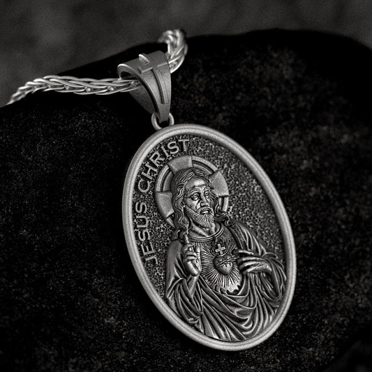 Silver Jesus Christ Sacred Heart Pendant Personalized – Sterling Silver Catholic Medal Necklace Christian Devotional