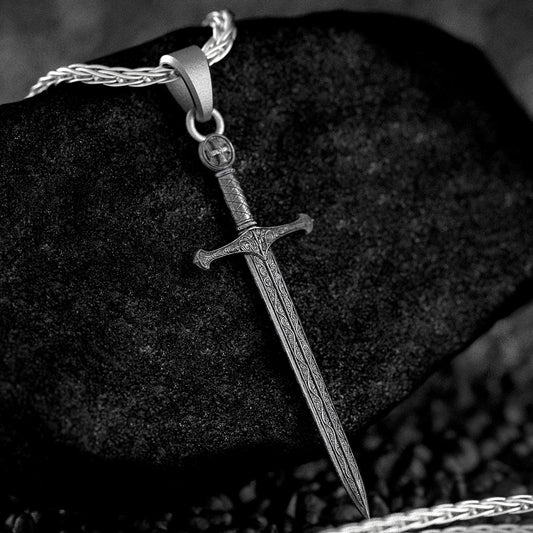 Medieval Sword Pendant – Sterling Silver Knight Templar Crusader Cross Necklace