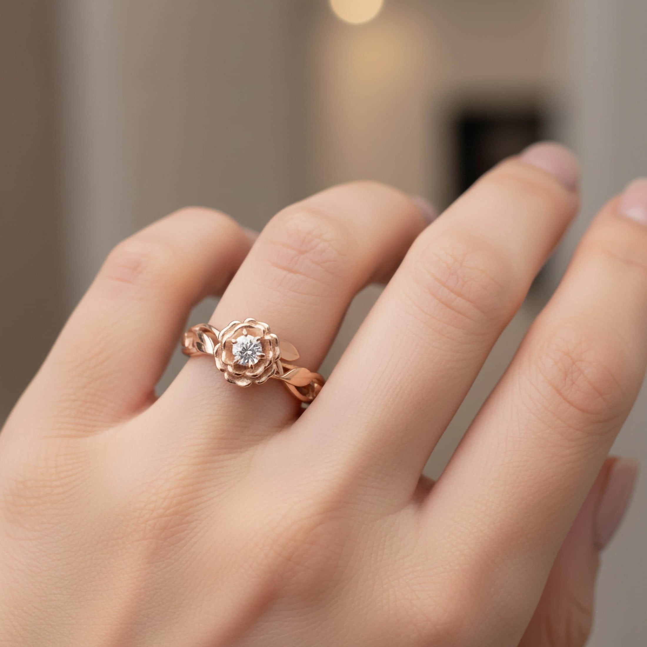 Gold Flower Zircon Ring • 10K 14K 18K Yellow White Rose Gold Women’s Floral Band