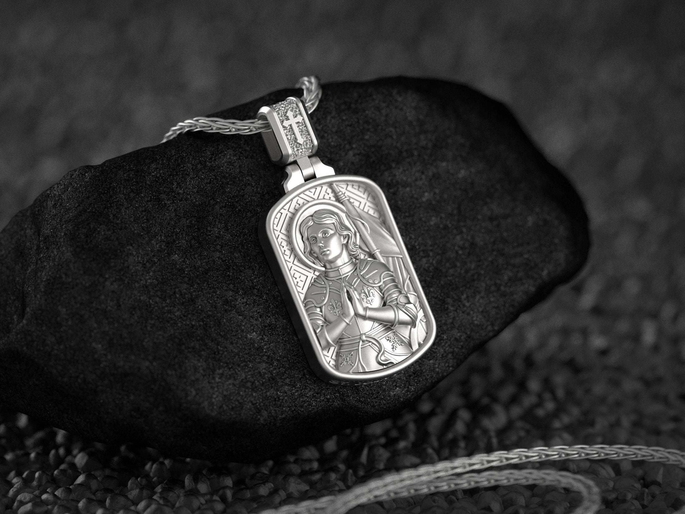 Saint Joan of Arc Dog Tag Pendant – Sterling Silver Catholic Medal Necklace Patron Saint of France