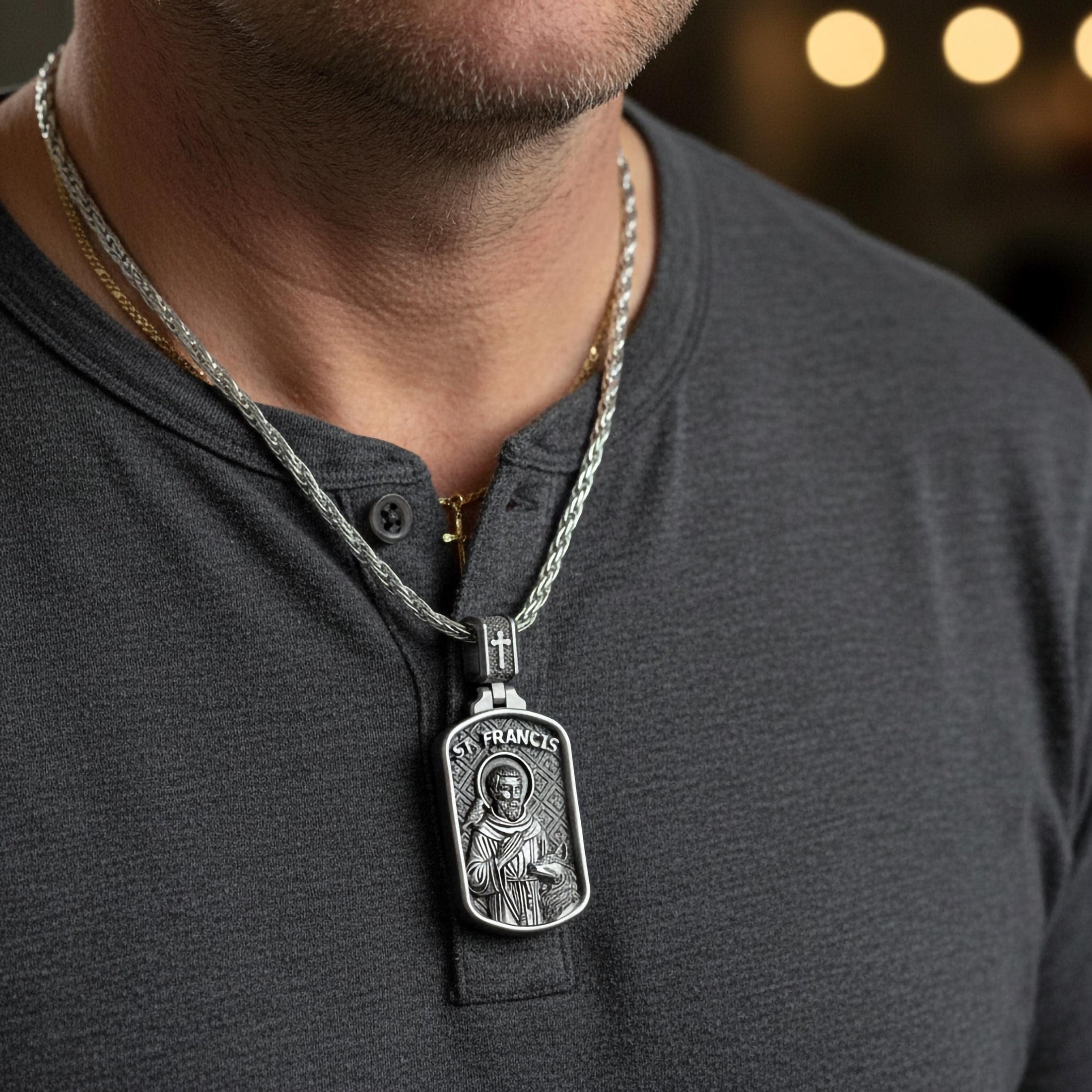 Saint Francis Dog Tag Pendant – Sterling Silver Catholic Medal Necklace Patron Saint of Animals