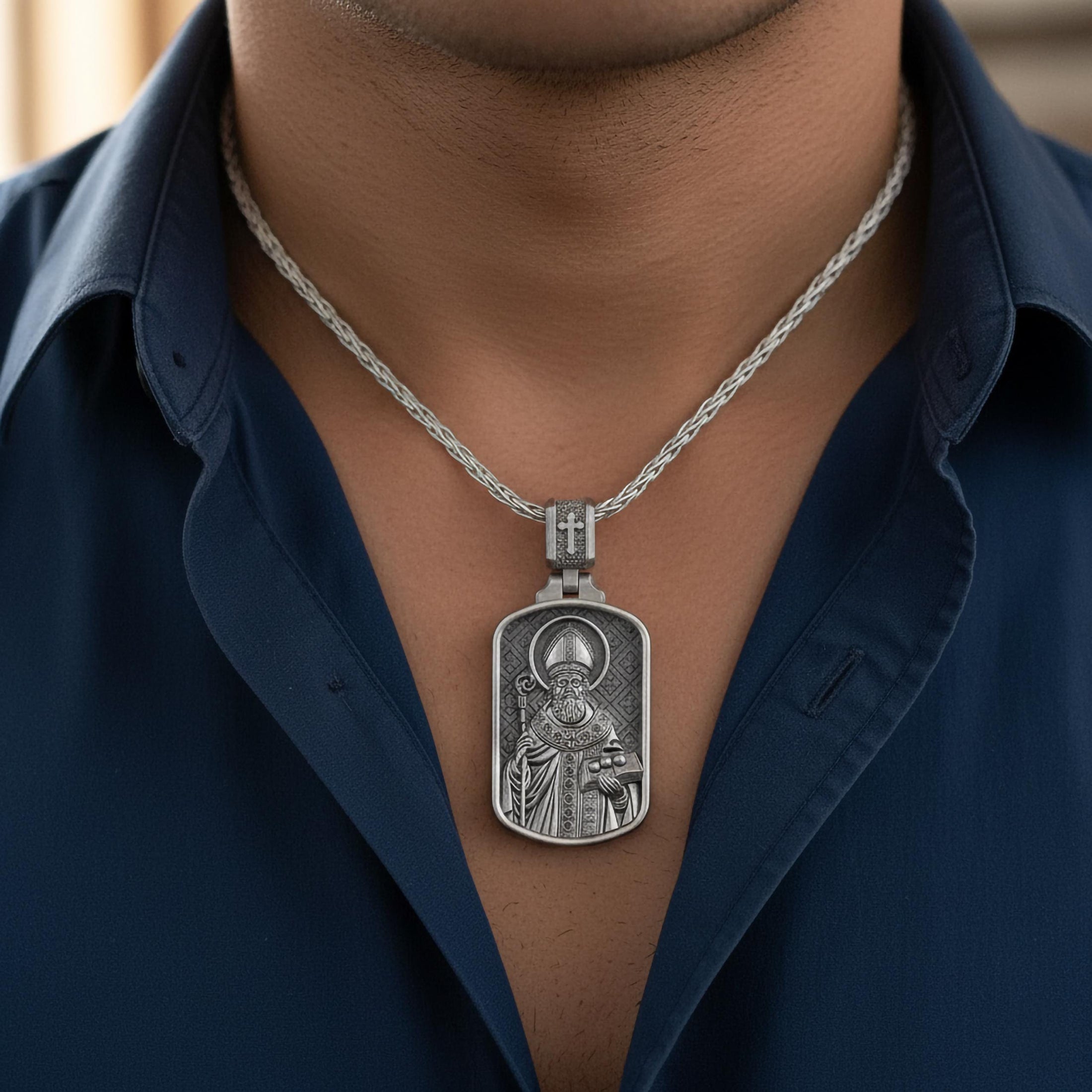 Saint Nicholas Dog Tag Pendant – Sterling Silver Catholic Medal Necklace Patron Saint of Children