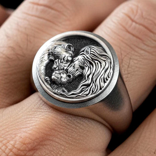 Lion Family Signet Ring – Sterling Silver Men’s Ring Symbol of Strength, Protection and Loyalty