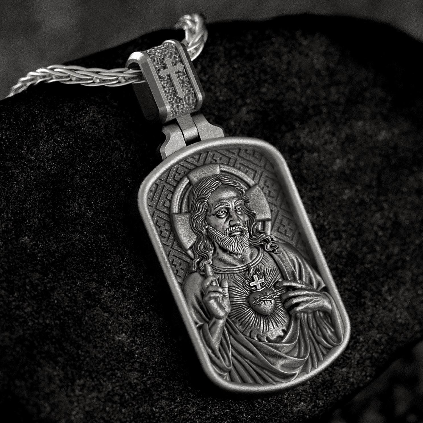 Sacred Heart of Jesus Pendant – Sterling Silver Catholic Medal Necklace Symbol of Love and Protection