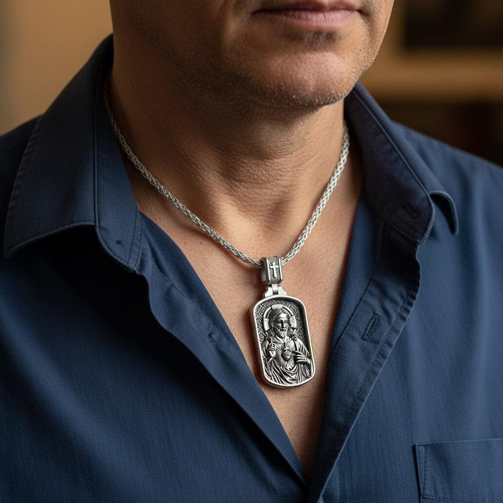 Sacred Heart of Jesus Pendant – Sterling Silver Catholic Medal Necklace Symbol of Love and Protection