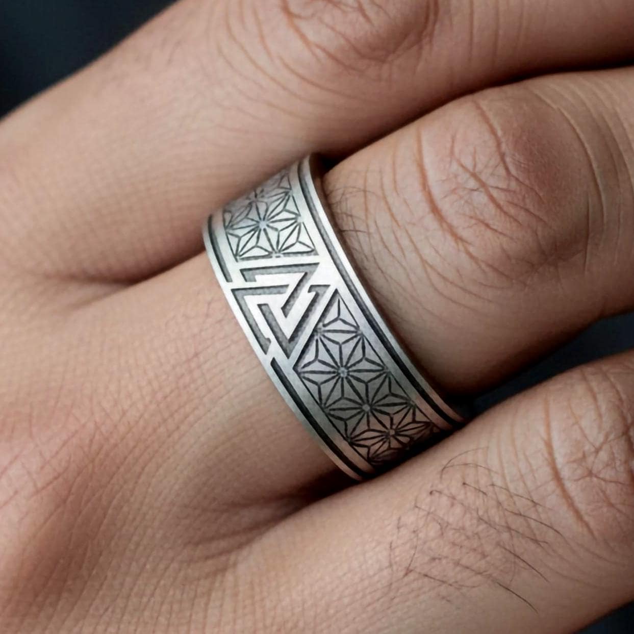Valknut Ring with Flower of Life Pattern – Sterling Silver Viking Norse Mythology Band for Men