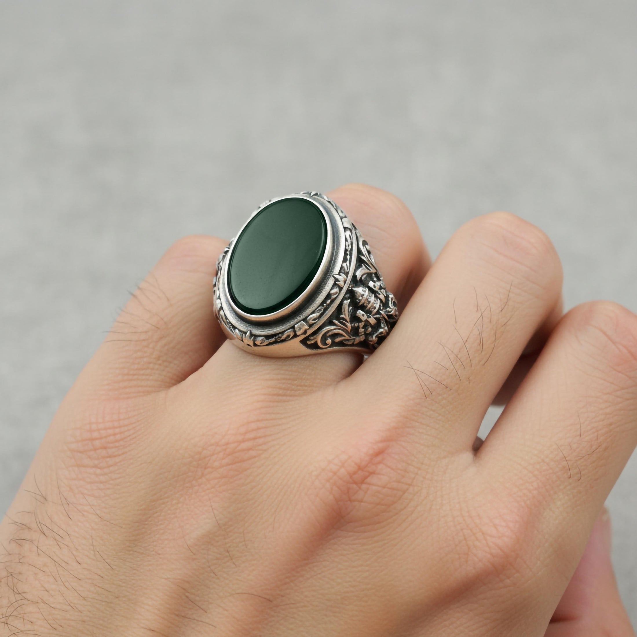 Oval Gemstone Ring – 925 Sterling Silver Men’s Vintage Ring with Onyx, Tiger’s Eye, Green Onyx & Red Garnet