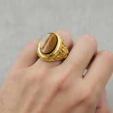 Oval Gemstone Ring – 925 Sterling Silver Men’s Vintage Ring with Onyx, Tiger’s Eye, Green Onyx & Red Garnet