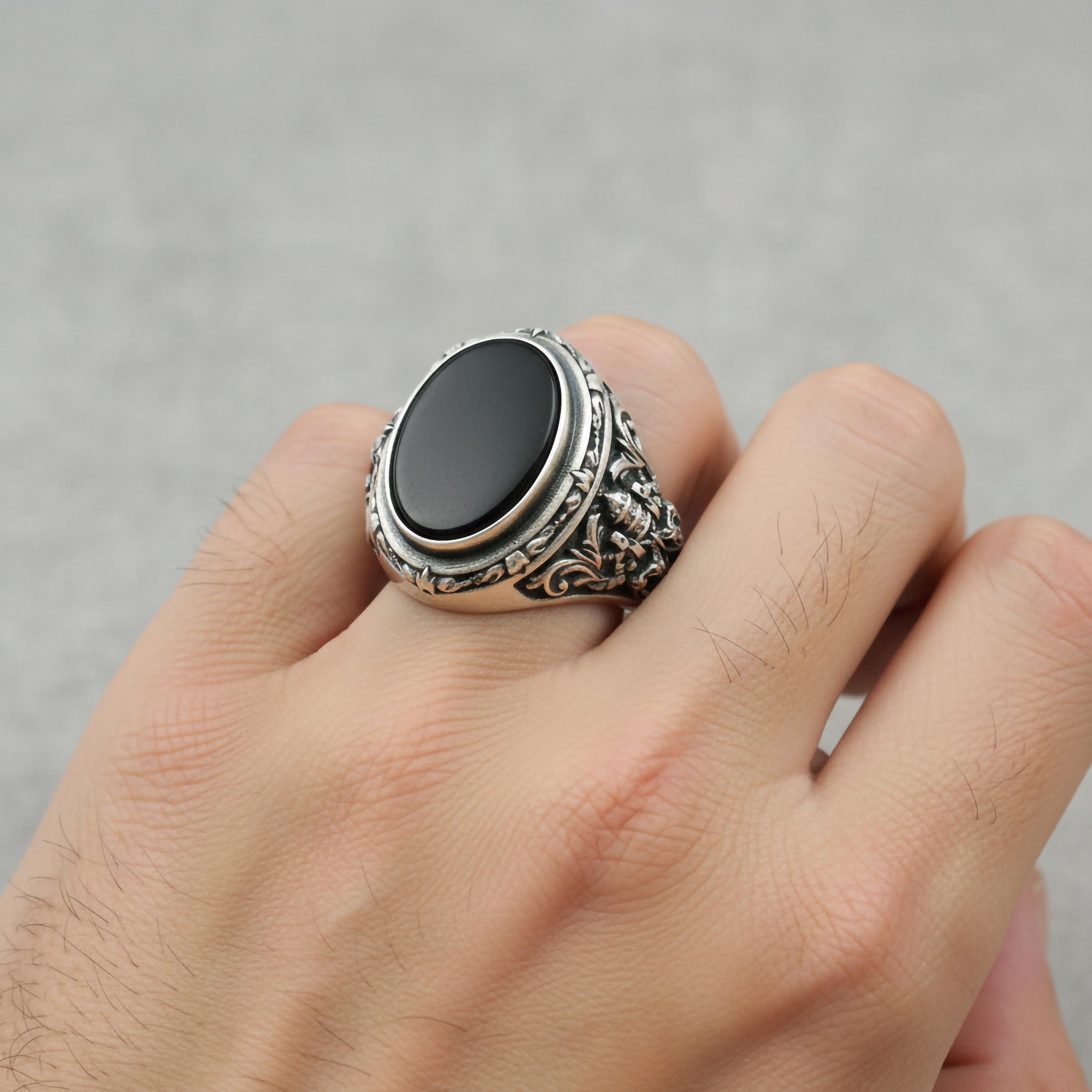 Oval Gemstone Ring – 925 Sterling Silver Men’s Vintage Ring with Onyx, Tiger’s Eye, Green Onyx & Red Garnet