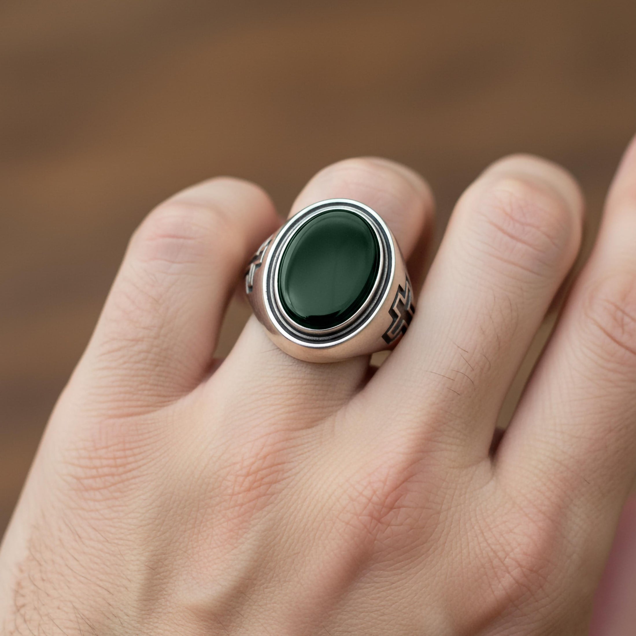 Religious Gemstone Cross Ring – 925 Sterling Silver Men’s Ring with Onyx, Tiger’s Eye, Green Onyx & Red Garnet