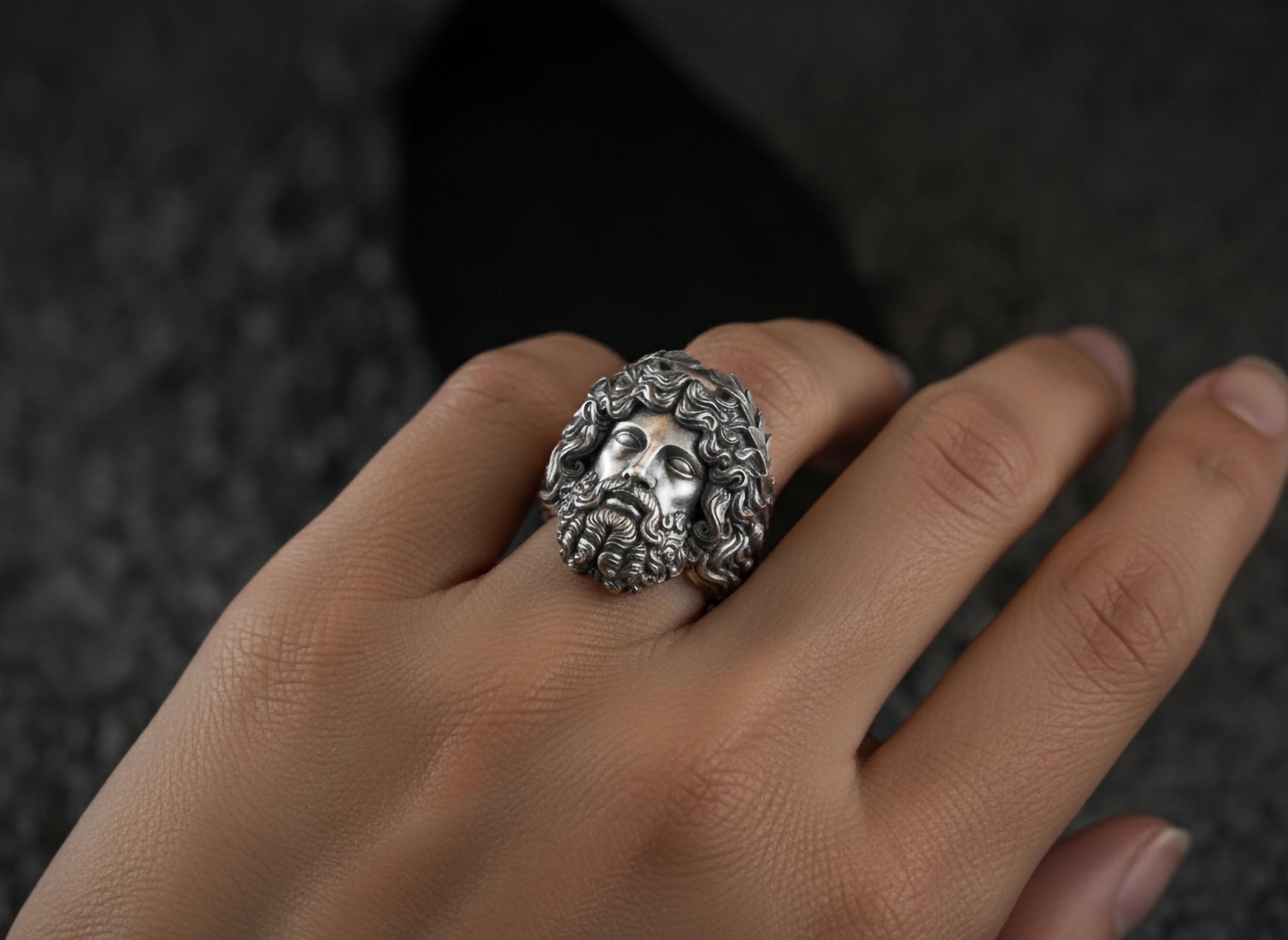 Zeus Head Ring – Greek God of Thunder Jewelry, Mythological King of Olympus Signet, Silver Greek God Ring