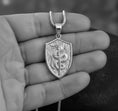 Load image into Gallery viewer, Sword and Serpent Shield Pendant – 925 Silver Medieval Knight Necklace, Protection Amulet for Men
