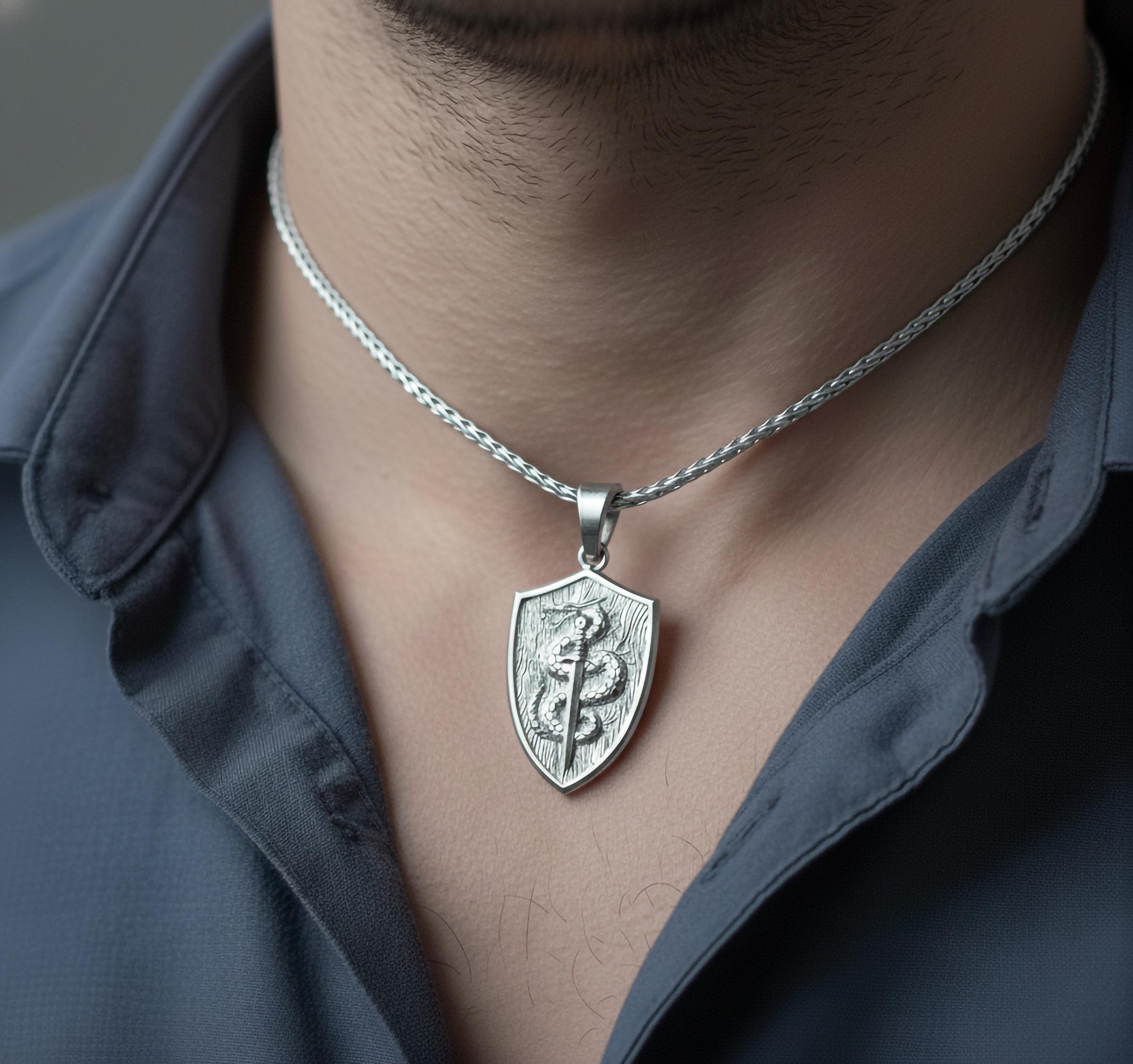 Sword and Serpent Shield Pendant – 925 Silver Medieval Knight Necklace, Protection Amulet for Men