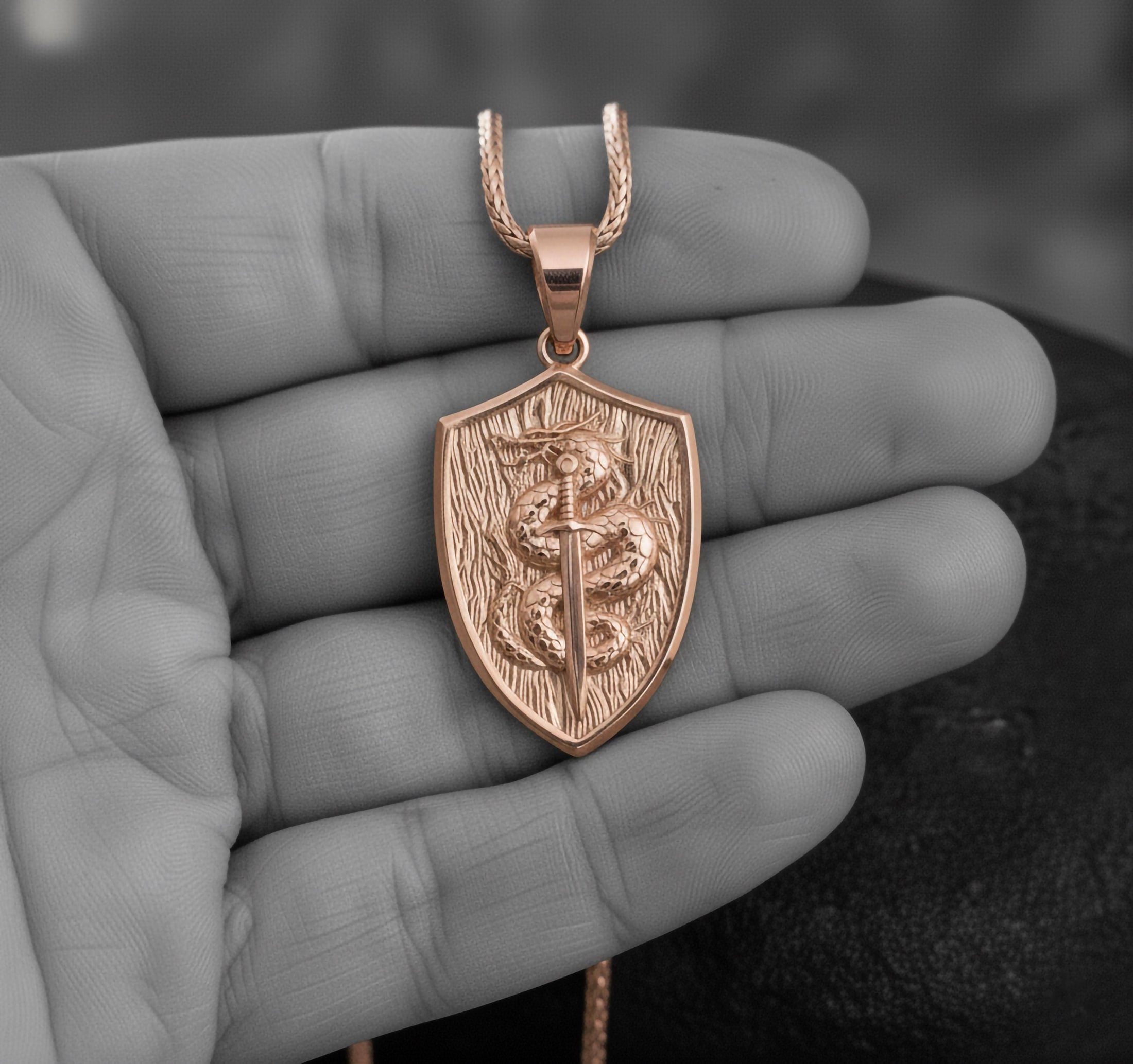 Sword and Serpent Shield Pendant – 925 Silver Medieval Knight Necklace, Protection Amulet for Men