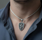 Sword and Serpent Shield Pendant – 925 Silver Medieval Knight Necklace, Protection Amulet for Men